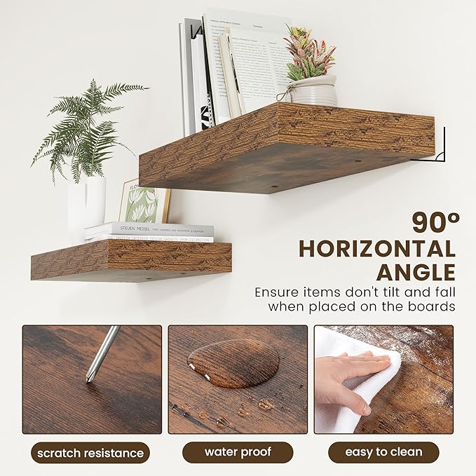 Deep Floating Shelves for Wall | 24 Inch Wide x 12 Inch Deep Floating Shelves | 24W x 12D Rustic Wood Wide Wall Shelves | Bookshelf Laundry Shelf TV Shelf