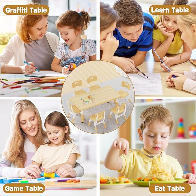 Brelley Kids Table and 6 Chairs Set, Height Adjustable Toddler Desk and Chair Set, Graffiti Desktop, Classroom/Daycare/Home, Children Multi-Activity Table for Ages 2-8