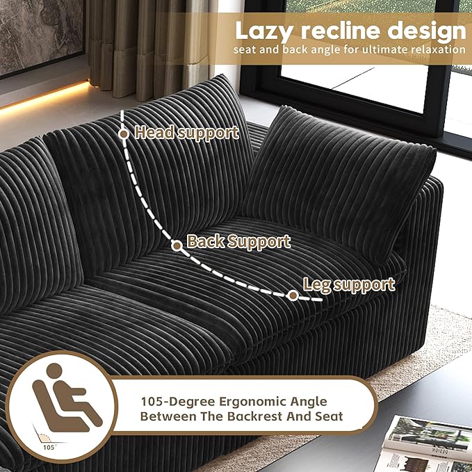 118" 3-Seater Cloud Sofa,Modular Sectional Couch,Modern Deep Seat Upholstered Couches with Plush Corduroy Fabric for Living Room Furniture,Bedroom and Apartment,No Assembly Required,Black