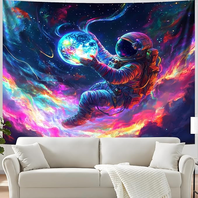 BVBOX Astronaut Space Blacklight Tapestry 79"x59", UV Reactive Floating Astronaut Iridescent Cloud Universe Galaxy Planet Glow in Dark Tapestries, Black Light Neon Upright Poster Wall Hanging Backdrop Decor for Bedroom Living Room
