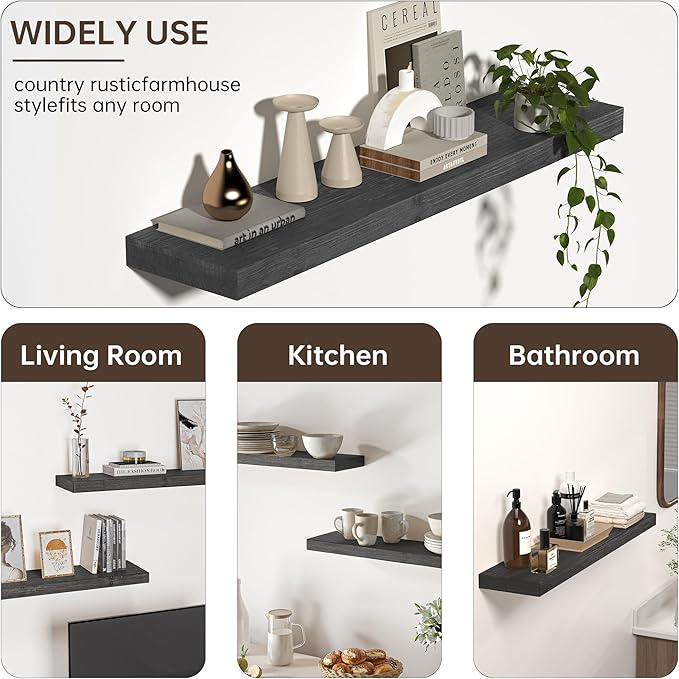 Floating Shelves for Wall, USA-Sourced Fir Wood 55 Inch Wall Shelves Set of 1, Natural Rustic Solid Wooden Floating Shelves Wall Mounted, Nursery Book Storage Shelf, Display Shelf for Bathroom