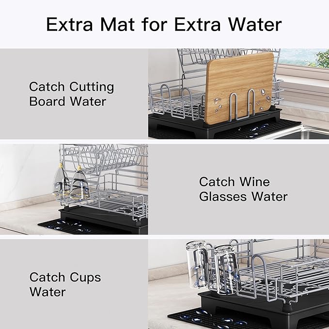 BOOSINY 2 Tier Grey Large Stainless Steel Dish Drainers Drying Rack for Kitchen Counter with Drainboard, Rust Proof Metal, Space Saving, Modern Aesthetic, Compact Plates Strainers with Extra Mat