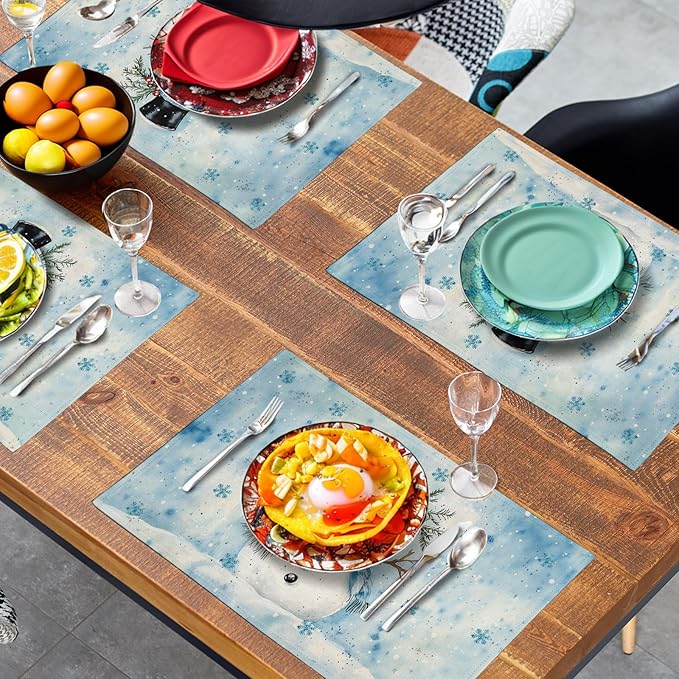 Blue Snowman Snowflake Winter Placemats Set of 4 Seasonal Christmas Linen Table Mats 12x18 Inch Xmas Holiday Snow Farmhouse Rustic Washable Place Mats for Party Kitchen Dining Outdoor Indoor Decor