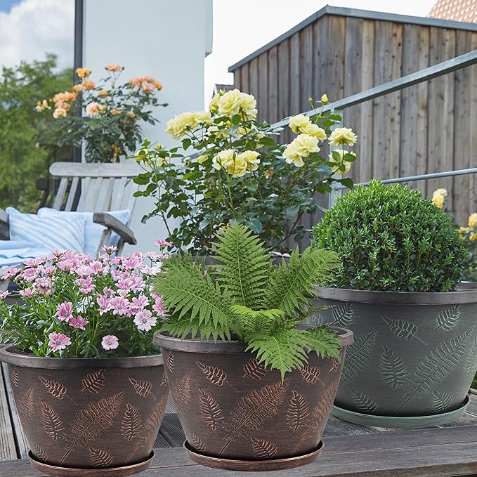 11 inch Plant Pot, 3 Pack Large Pots for Plants, Flower Pots with Drainage Hole & Saucer, Modern Planters for Indoor Outdoor Plants, Decorative Plastic Garden Pots (Copper)