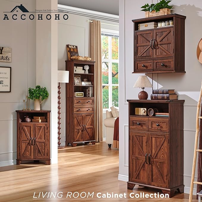 Bathroom Wall Cabinet, Farmhouse Medicine Cabinet, 24" Wide Cabinet with Drawer, Adjustable Shelf, Double Barn Doors, Storage Cabinet for Bathroom, Kitchen, Living Room, Brown