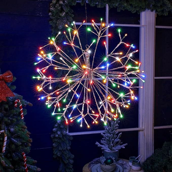 Christmas led Sparkle Ball Hanging Outdoor décorations -Haning Twig Ball,Snowflake Ornament Lights Indoor Outdoor Festive Holiday Décor 24Inch (Mutilcolor)