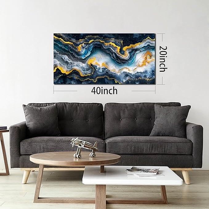 GUGIKA Abstract Wall Art for Living Room, Gold Black and Blue Canvas Wall-Art for Bedroom, Ocean Landscape Print Paintings, Size 40x20 Inches