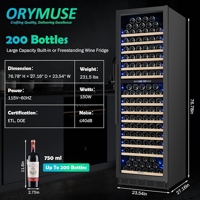 200 Bottle Dual Zone Wine Fridge – 24 Inch Large Capacity Wine Cooler Refrigerator Freestanding/Built-In with Upgraded Compressor, Low-Noise Wine Cellar & Intelligent Temperature Control - Black