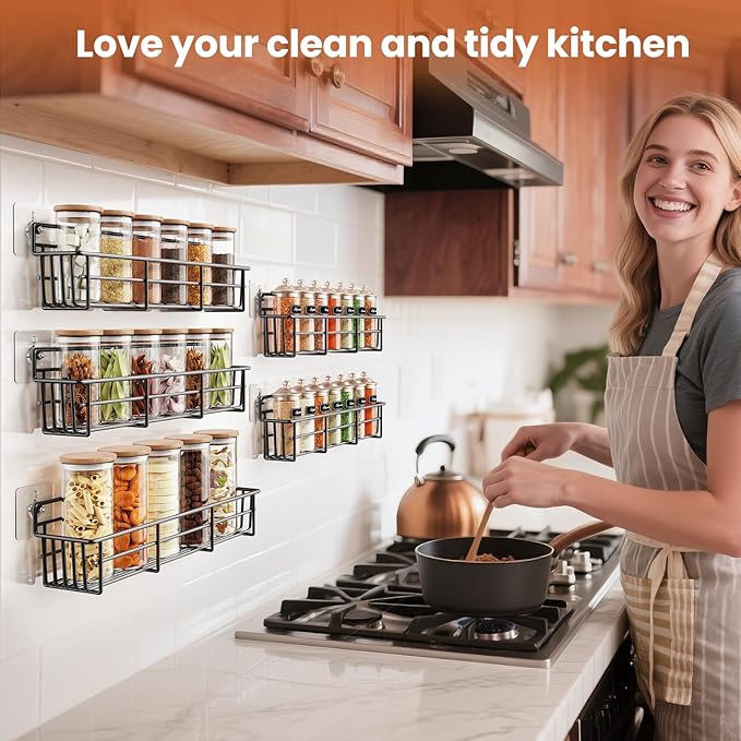 5 Pack Spice Rack Seasoning Organizer Wall Mount, Screw or Adhesive Hanging Shelf Basket Spice Organizer Shelf for Kitchen, Black