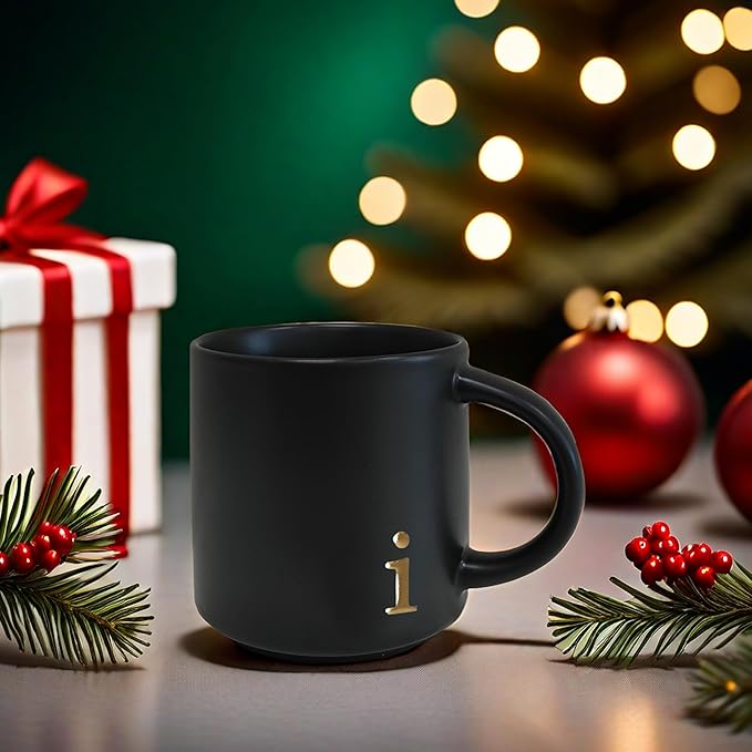 COLLECTIVE HOME - Black Monogram Ceramic Mugs, 15 oz Golden Initial Coffee Cups, Elegant Alphabet Tea Mugs, Personalized Halloween Mug with Gift Box, Perfect for Office and Home Décor (i)