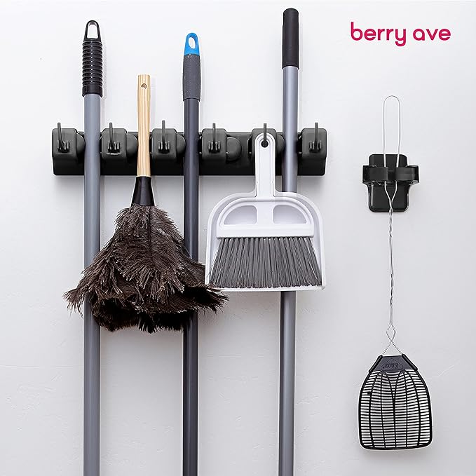 Combo 5 Slot Broom Holder w/ 1 Self Adhesive Mop Gripper No-Drilling, Wall Mount Tool Organizers For Kitchen, Garage, Laundry Room- Anti-Slip Hanger For Brooms, Mops, Rakes, Dustpans (Black / Black)