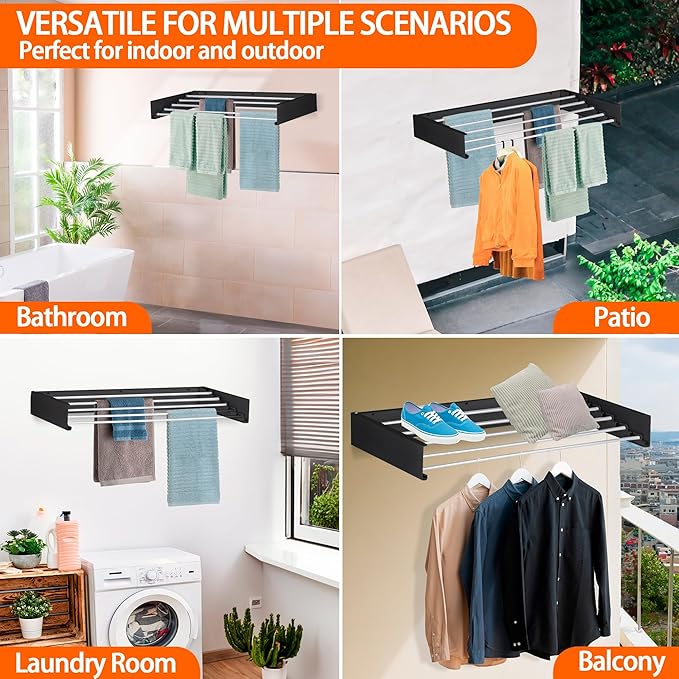 FOCHIER F Laundry Drying Rack Wall Mounted Clothes Drying Rack Collapsible with 5 Aluminum Rods and Drilling Template Long Screwdriver Bit 60 lbs Capacity (Black, 31.5")