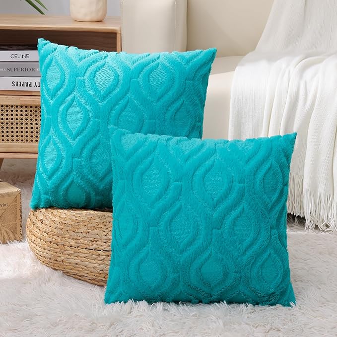 decorUhome Fall Throw Pillow Covers 22x22 Inch Set of 2, Soft Plush Decorative Faux Fur Turquoise Solid Couch Pillow Covers, Accent Farmhouse Neutral Square Euro Pillow Cases for Sofa Bed Living Room