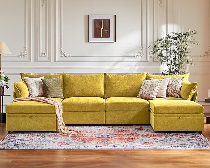 134.6" Luxury Modular Sectional Convertible Sofa with Storage Ottoman, L-Shape 5-Seat Oversized Comfy Couch Deep Seat with Reversible Chaise - Chenille Yellow
