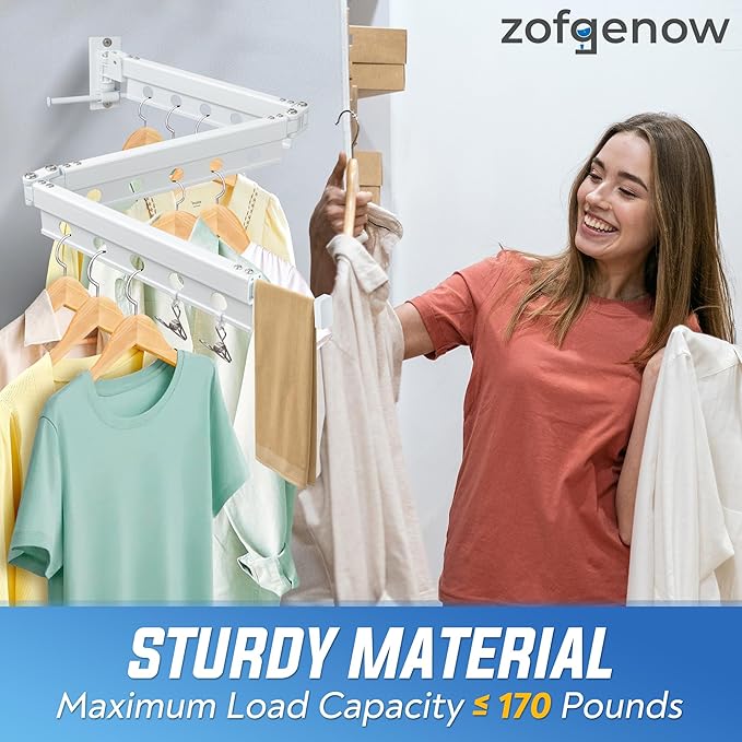 Clothes Drying Rack Wall Mounted, Retractable Space-Saving Foldable Laundry Drying Rack for Indoor & Outdoor Use - Laundry Rooms, Bathroom & Balconies,Includes 10 Clothespins(White)