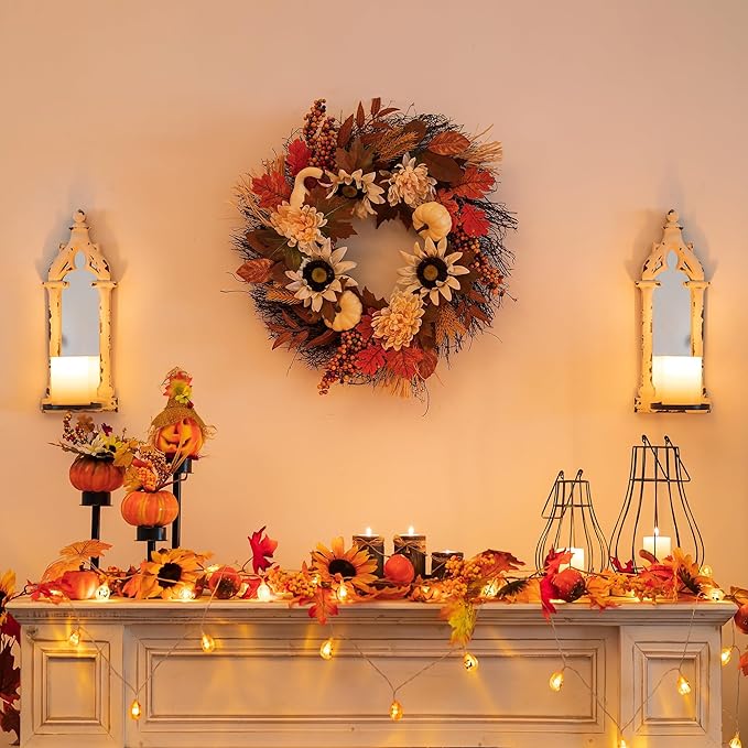 Fall Wreaths for Front Door Decor - Walasis 20 Inch Thanksgiving Wreath with Maple Leaves White Pumpkin Daisy Sunflower Wreath Autumn Harvest Decorations for Table Front Porch