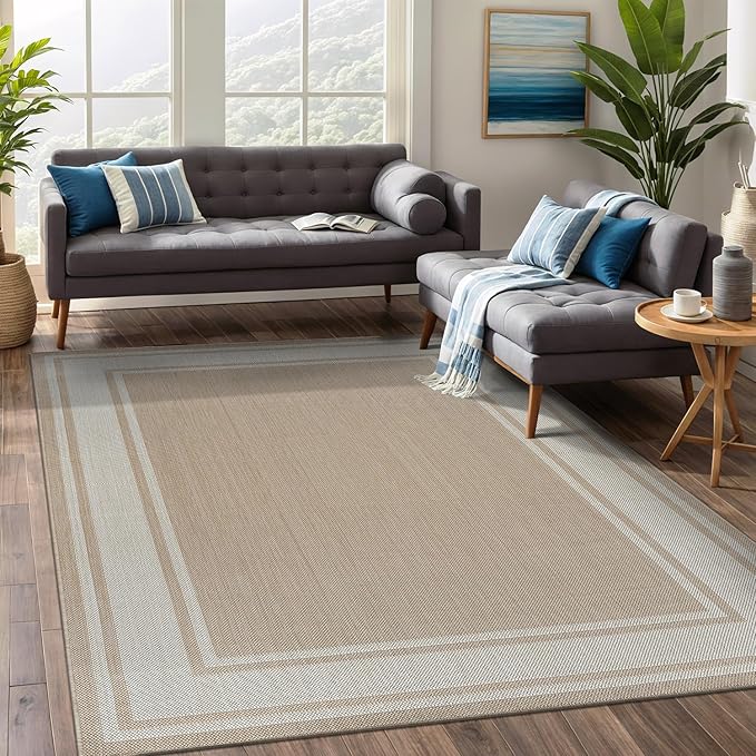 Beverly Rug Large Outdoor Rug 9x12 Modern Bordered Area Rugs for Indoor and Outdoor Patio Deck Porch Garden Waterproof Weather Sun Resistant Washable Outside Carpet (9 x 12 Beige)
