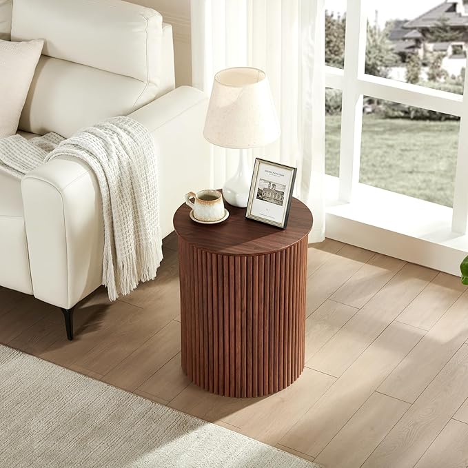 AVZEAR Small Round Side Table Fluted Night Stand Set of 2, 17.7" Mid Century Modern End Table, Circle Bedside Tables Wood Nightstands for Small Spaces, Living Room, Bedroom (Rustic Walnut)