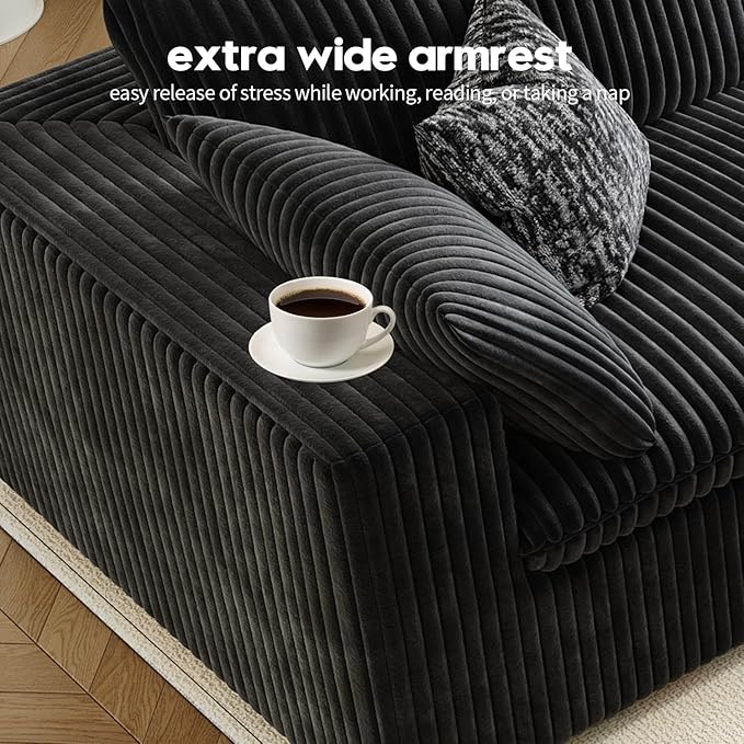 157.5" Cloud Couch Modular Sectional Sofa for Living Room,Modern Sofa with Deep Seat,L-Shape Boneless Couch with Ottoman,Comfy Upholstered Corduroy Couches for Apartment, Studio, Office,Bedroom,Black