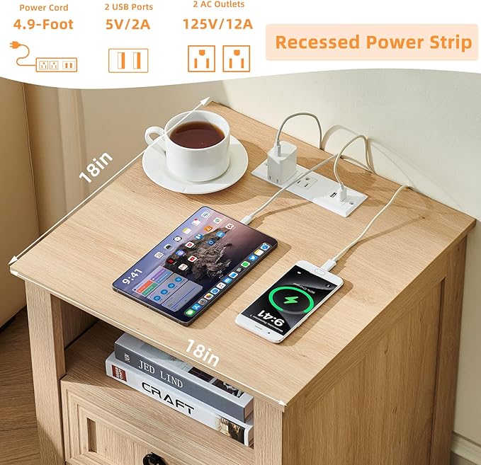 18" Farmhouse Night Stand with Charging Station, 2 Drawers Bedside End Table, Natural Wooden Nightstand, Bed Side Table Cabinet with Open Shelf for Bedroom Living Room Office