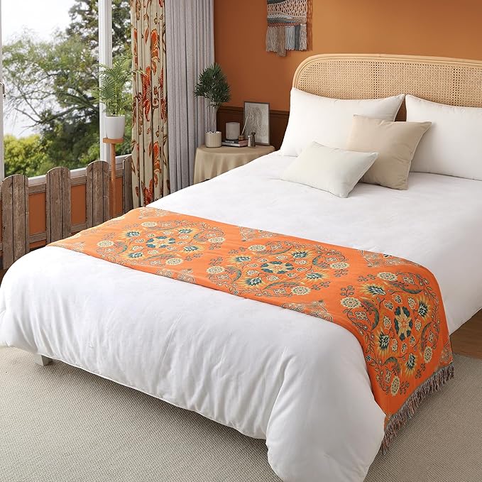 Boho Throw Blanket Queen Size, Oversized Soft Cozy Cotton Muslin Quilt Blanket for Bed Decor, Floral Patterned Couch Sofa Chair Cover, Vintage Farmhouse Cottage Woven Blanket, Orange&Green