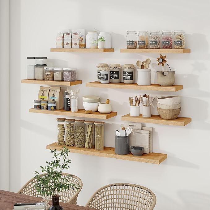 Fun Memories Solid Oak Wood Floating Shelves, 9.3 Inch Deep Natural Wood Shelf with Invisible Heavy Duty Bracket for Bathroom Bedroom Kitchen - 48inch Set of 1, Natural