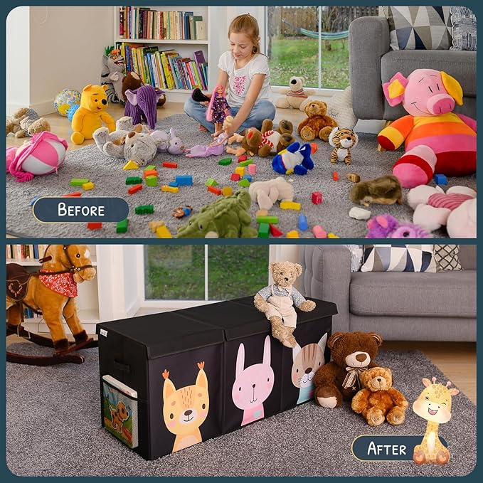 Extra Large Toy Storage Organizer with Lid - Sturdy, Collapsible Toy Chest Storage Box with Cute Design - Toys Bin with Dividers for Kids, Boys, Girls, Nursery, Bedroom, Play room 37"x16"x14"