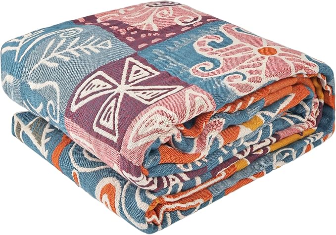 Boho Throw Blanket for Bed - 100% Pure Cotton Ultra Soft Rustic Quilt - Farmhouse Decor Bed Blankets, All Season Rustic Throw for Sofa Couch Chair(60"×80", Art Squares)