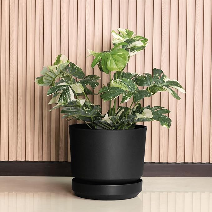 Elly Décor 14 inch Plastic Cylinder Planter Pot with Self-Watering Saucer and Drainage Hole,Lightweight & Extremely Durable, 14"x 14", Charcoal