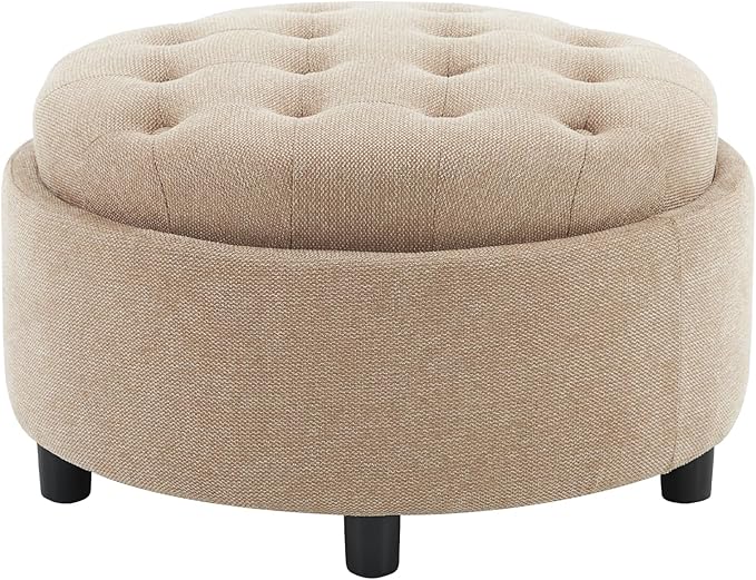 COLAMY Fabric Round Storage Ottoman with Reversible Tray Lid – Multi-Functional Footrest, Hidden Storage, Sturdy & Stylish Small Coffee Table for Living Room, Bedroom, or Entryway(Camel)