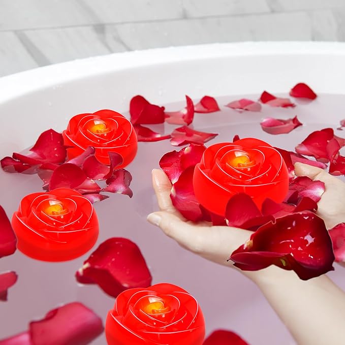 Aignis 12pcs Flameless LED Floating Candles, Red Rose Plastic Tealights Battery Operated, 120+ Hours Glow Time, Cozy Light for Romantic Pool/Bathtub/Hot Bath/Wedding Centerpiece Decor(D2.83 * H1.42)