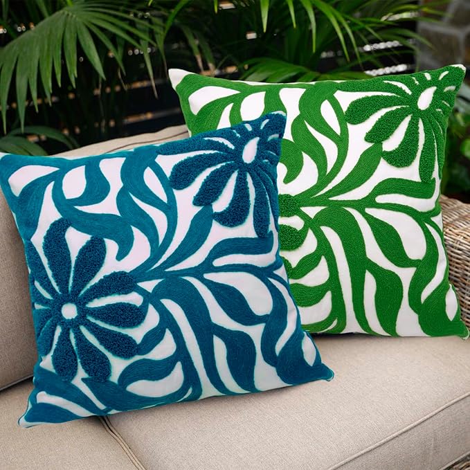 Alysheer Farmhouse Floral Leaves Embroidered Decorative Throw Pillow Cover 18x18 inches, Boho Tufted Flowers Embroidery Pattern Chic Cotton Cushion Case for Couch Bed Sofa Living Room(Teal Blue)