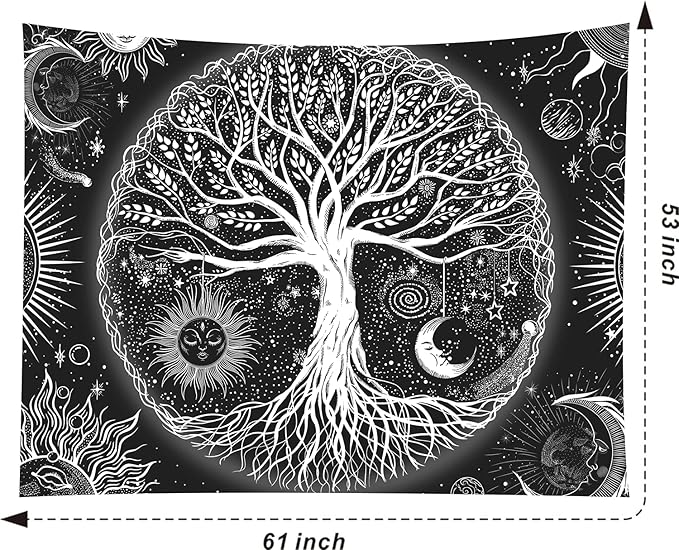 FORATER Tree of Life Tapestry Wall Hanging, Sun and Moon Aesthetic Wall Tapestry Black and White Tapestries Home Decor for Living Room Bedroom(53 x 61 Inch, Black and White)