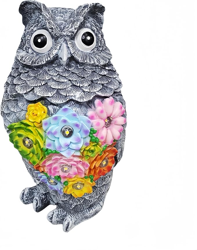 Garden Solar Owl Statue with Glowing Succulent Decor Outdoor Figurine Light Resin Sculpture Decoration for Home Porch Patio Lawn Farm Yard Housewarming Ornament Gift