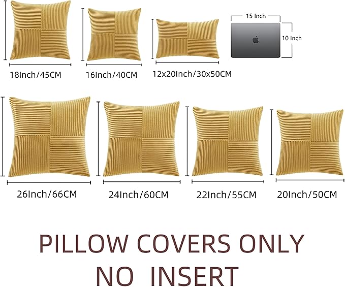 Fancy Homi 2 Packs Mustard Yellow Decorative Throw Pillow Covers 22x22 Inch for Living Room Couch Bed Sofa, Farmhouse Boho Home Decor, Soft Corss Corduroy Patchwork Accent Square Cushion Case 55x55 cm