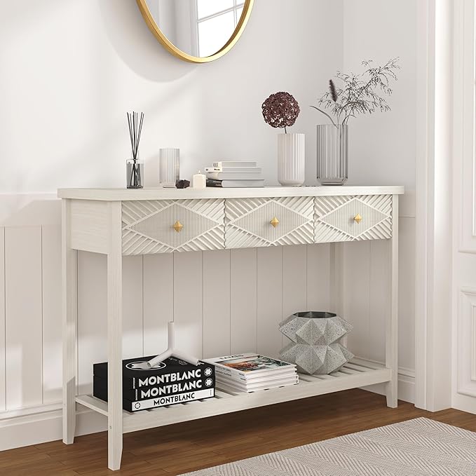 47" Fluted Console Table with 3 Drawers, Narrow Long Entryway Table with Storage Shelf, Sofa Tables for Entryway, Living Room, Behind Couch, Foyer, Hallway, Office (Beige)