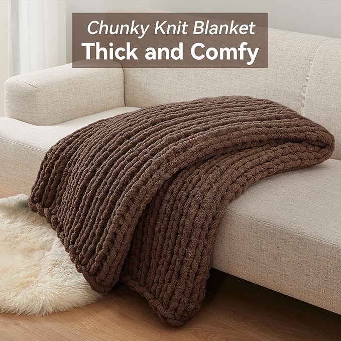 Chunky Knit Throw Blanket, 40''*50'' Knitted Throw Chenille Yarn for Bed Couch, Handmade Dark Brown Crochet Big Thick Blanket, Machine Washable Cute Comfy Blanket for Home Decor