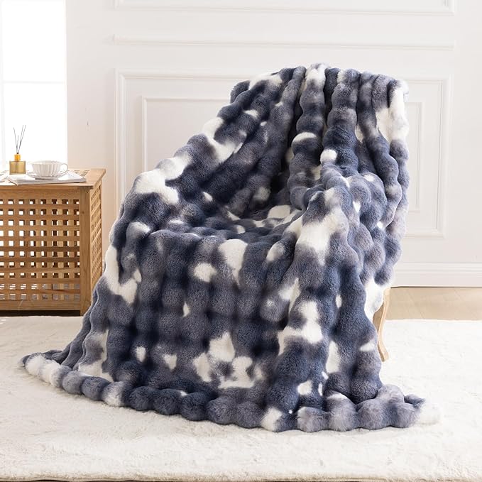 Cozy Faux Fur Throw Blanket for Bed Warm Fuzzy Throw Blanket, Soft Plush Thick Bubble Blankets for Bedroom and Living Room, Furry Luxury Blanket, 60 x 80,Tie-Dye Blue