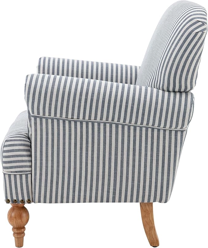 chairus Linen Accent Chair for Living Room Set of 2 Upholstered Mid Century Modern Single Sofa Chair with Solid Wood Legs Comfy Reading Armchair for Bedroom/Office Room/Recption/Lounge, Blue Stripe