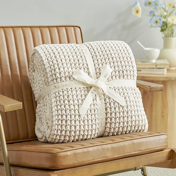 Amélie Home Chenille Waffle Throw Blanket for Couch, Reversible Pineapple Stitch Knit Soft Cozy Knit Blanket Lightweight Warm Decorative Throw for Sofa, Bed, Living Room, 50"x60", Beige&Ivory