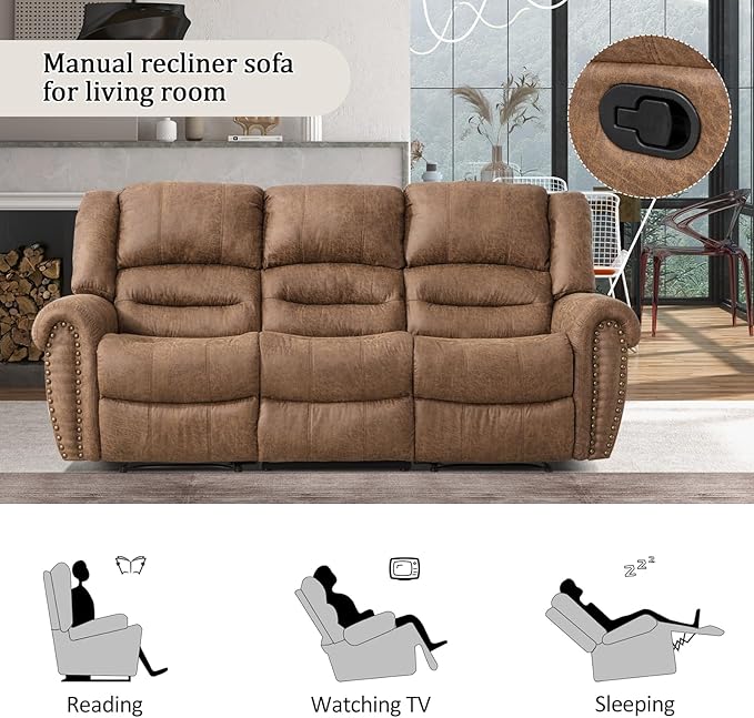 CANMOV Faux Leather Manual Recliner Sofa Set, Manual Recliner Chair, Reclining Loveseat and 3-Seat Sofa for Living Room,Bedroom Furniture, Office,Nut Brown