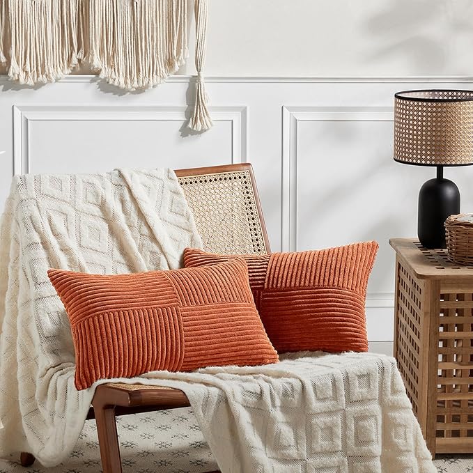 Fancy Homi Set of 2 Burnt Orange Long Lumbar Decorative Throw Pillow Covers 16x24 Inch for Living Room Couch Bed, Boho Farmhouse Fall Home Decor, Soft Corduroy Corss Textured Cushion Case 40x60 cm