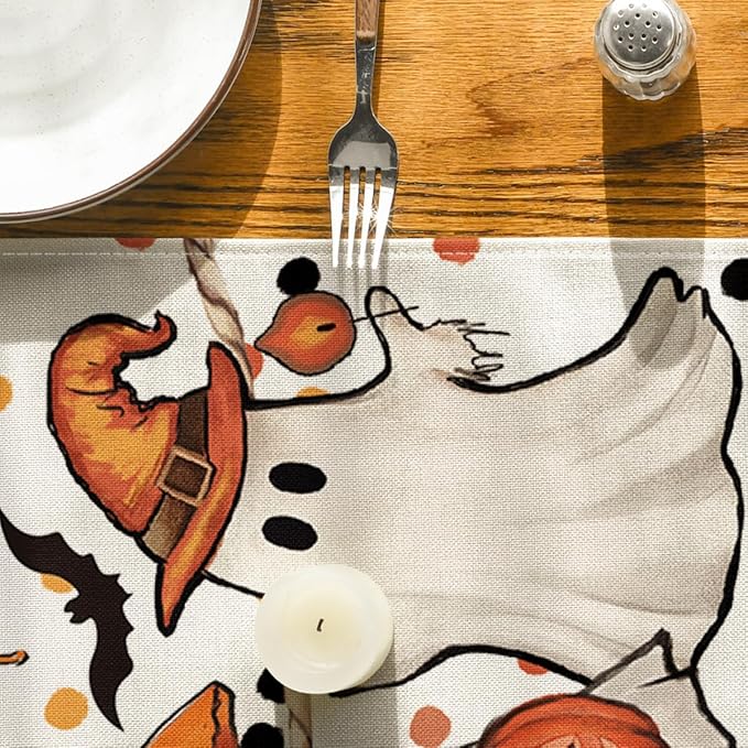 Artoid Mode Beige Ghost Jack-O'-Lantern Black Cat Halloween Table Runner,Holiday Kitchen Dining Table Decoration for Home Party Decor 13 x 72 Inch