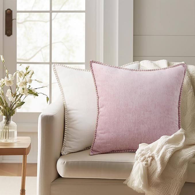 decorUhome Chenille Soft Throw Pillow Covers 16x16 Set of 2, Farmhouse Velvet Neutral Decorative Euro Pillow Covers with Stitched Edge for Couch Sofa Bed Home Decor, Blush Pink