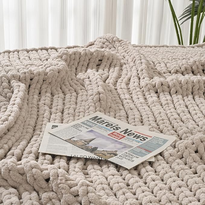 Esterra Chunky Knit Blanket Throw 60"x80", 100% Hand Knitted Chenille Throw Blanket, Cozy Soft Thick Cable Knit Throw Large Rope Knot Crochet Throw Blanket for Sofa Couch Bed, Linen Beige