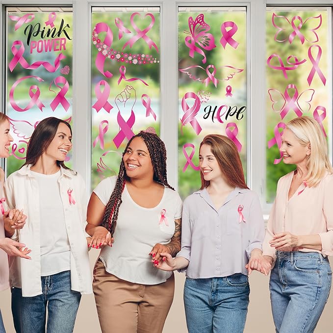 9 Sheets Breast Cancer Awareness Window Clings, 77 Kinds of Pink Window PVC Stickers for Pink Ribbon Decorations, Hope Fight Cancer Theme Windows Decals for Glass Home Decor Supplies