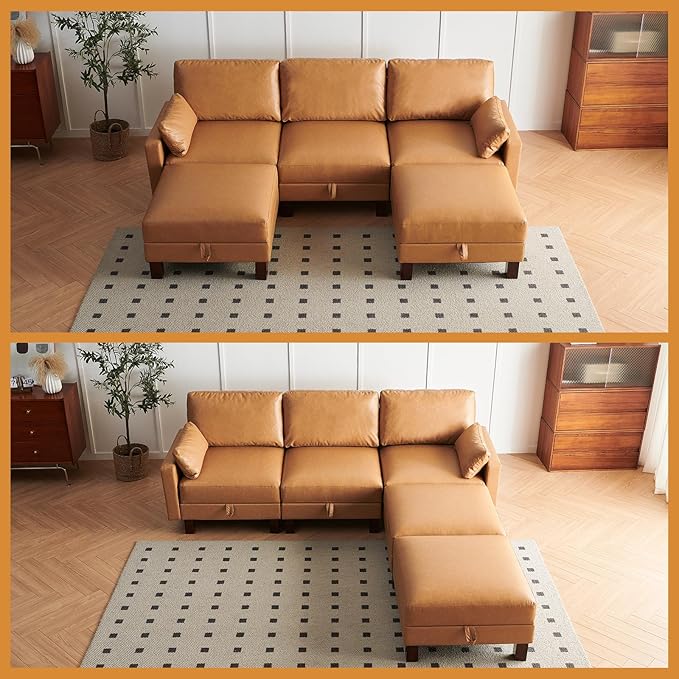 5 Seater Faux Leather Sofa Couch, 98'' L Shape Sectional Couch, Mid Century Modern Decor, Office Sectional Sofa Bed, for House, Apartment, Living Room, Tan