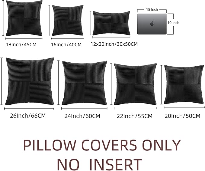Fancy Homi 2 Packs Black Euro Decorative Throw Pillow Covers 28x28 Inch for Couch Bed Sofa, Rustic Farmhouse Boho Home Decor, Soft Corss Corduroy Patchwork Textured Square Cushion Case 71x71 cm