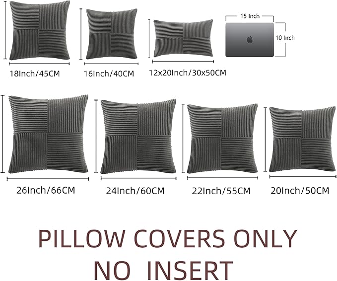 Fancy Homi 2 Packs Dark Gray Decorative Throw Pillow Covers 22x22 Inch for Living Room Couch Bed Sofa, Rustic Farmhouse Boho Home Decor, Soft Corss Corduroy Patchwork Accent Cushion Case 55x55 cm
