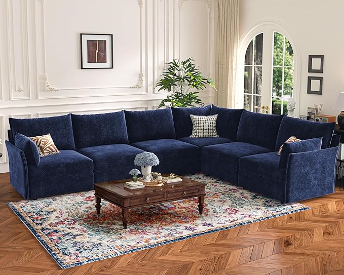136.4" Oversized Modular Sectional Sleeper Sofa Bed, U Shaped Convertible Couch with Movable Ottoman, Large 8 Seat Corner Couches for Living Room Deep Seat Blue Chenille